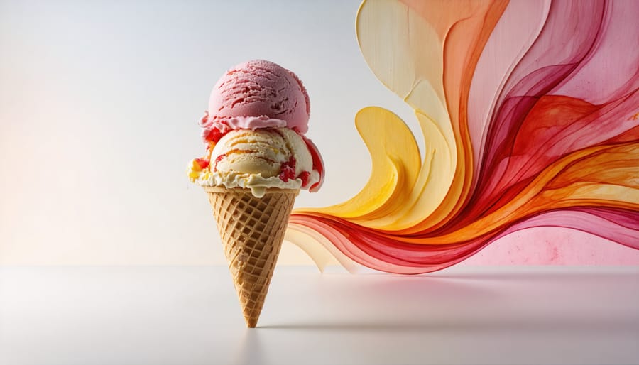 An artistic representation of the evolution of frozen treats in Ontario, blending traditional ice cream with modern freeze-dried candy against a backdrop of the province's landscapes.