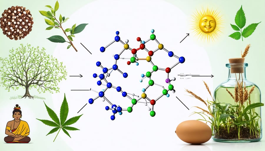 Conceptual illustration of THCA's molecular structure alongside cultural symbols representing Ontario's diverse communities and sustainable agricultural practices.