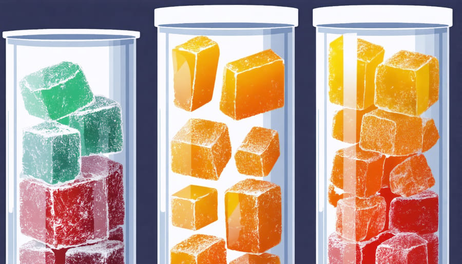 Illustrative stages of freeze-drying candy from raw to processed form